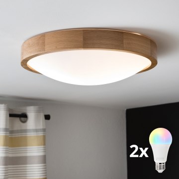 BRILAGI - LED RGBW stmievateľné stropné svietidlo CARVALHO SLIM 2xE27/12W/230V 2700-6500K dub priemer 37 cm