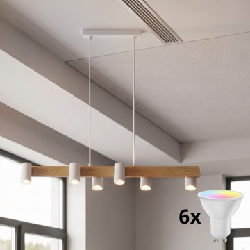 Brilagi - LED RGBW Stmievateľný luster na lanku SELE 6xGU10/6,5W/230V 2700-6500K biela/dubový dekor + diaľkové ovládanie
