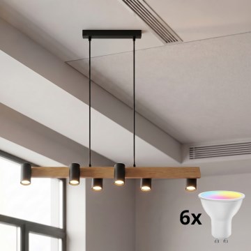 Brilagi - LED RGBW Stmievateľný luster na lanku SELE 6xGU10/6,5W/230V 2700-6500K čierna/dubový dekor + diaľkové ovládanie