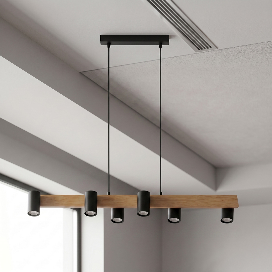 Brilagi - LED RGBW Stmievateľný luster na lanku SELE 6xGU10/6,5W/230V 2700-6500K čierna/dubový dekor + diaľkové ovládanie