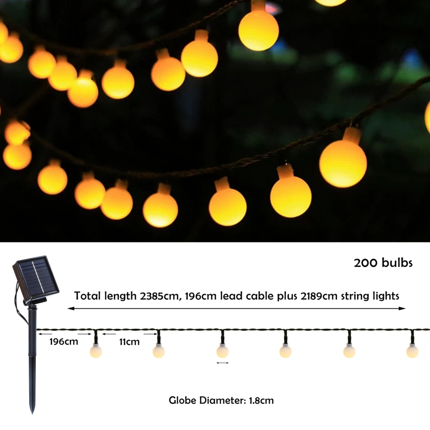 Brilagi - LED Solárny dekoračná reťaz BUBBLE 200xLED/8 funkcií 20m IP65 teplá biela