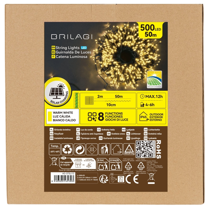 BRILAGI - Solárny LED vianočný reťaz 500×LED/8 funkcií 52 m 1200 mAh IP65 teplá biela