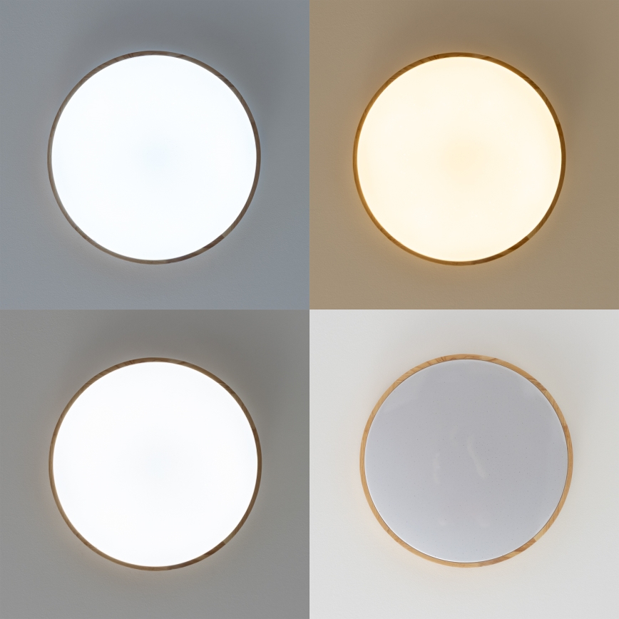 Štyri kruhové stropné svietidlá s dreveným rámom a mliečnym difúzorom. Svietidlá vyžarujú rôzne intenzity svetla: biele, teplé biele a dve s neutrálnym svetlom. Svietidlá sú umiestnené na jednotnom pozadí.