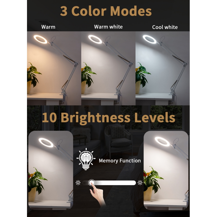 Brilagi - LED Stmievateľná stolná lampa s lupou LENS LED/12W/5V 3000/4200/6000K biela