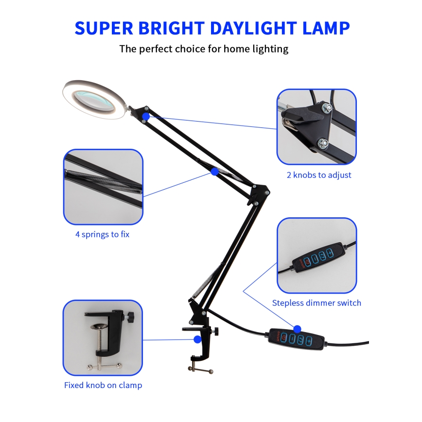 Brilagi - LED Stmievateľná stolná lampa s lupou LENS LED/12W/5V 3000/4200/6000K čierna