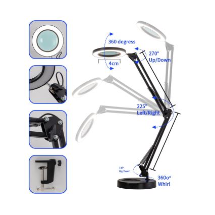 Brilagi - LED Stmievateľná stolná lampa s lupou LENS LED/12W/5V 3000/4200/6000K čierna