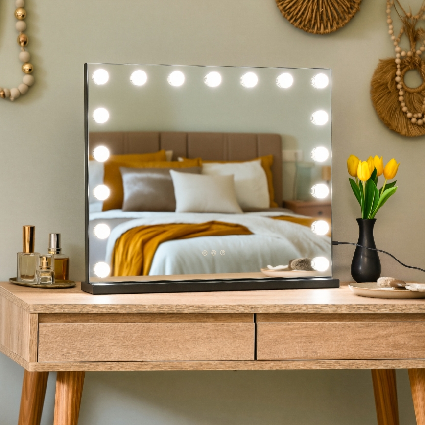 BRILAGI - LED Stmievateľné make-up zrkadlo HOLLYWOOD LED/15W/230V CCT + 2x USB 60x50 cm čierne