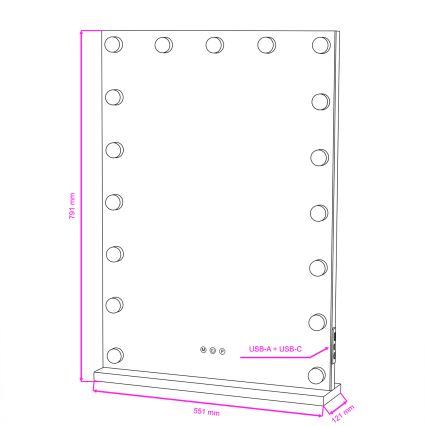 BRILAGI - LED Stmievateľné make-up zrkadlo HOLLYWOOD LED/15W/230V CCT + 2x USB 55x77 cm čierna