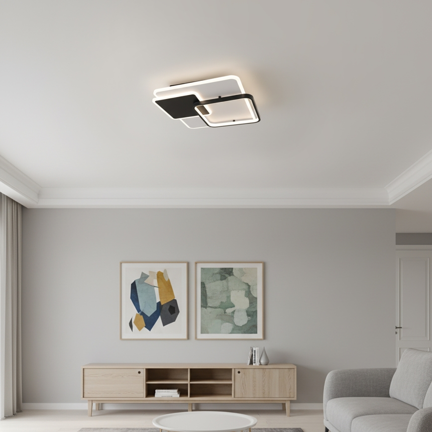 Brilagi - stmievateľné LED stropné svietidlo FLARE, LED 64 W, 230 V, 3000–6000 K, 45 × 45 cm, biela/čierna + diaľkové ovládanie