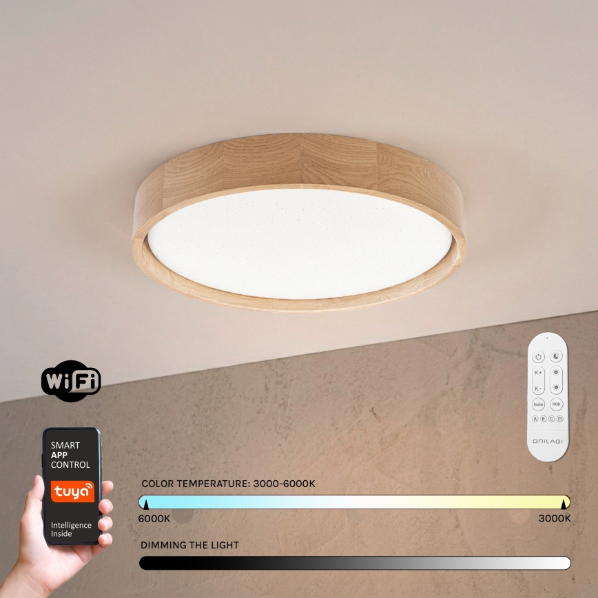 Brilagi - LED stmievateľné stropné svietidlo MANAROLA SMART STARS LED/24W/230V 3000-6000K Wi-Fi Tuya Beacon priemer 41 cm dub + diaľkové ovládanie