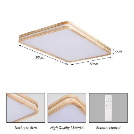 BRILAGI - LED stmievateľné stropné svietidlo MOLINA SQUARE LED/128W/230V 3000-6000K dub 90x60 cm + diaľkové ovládanie