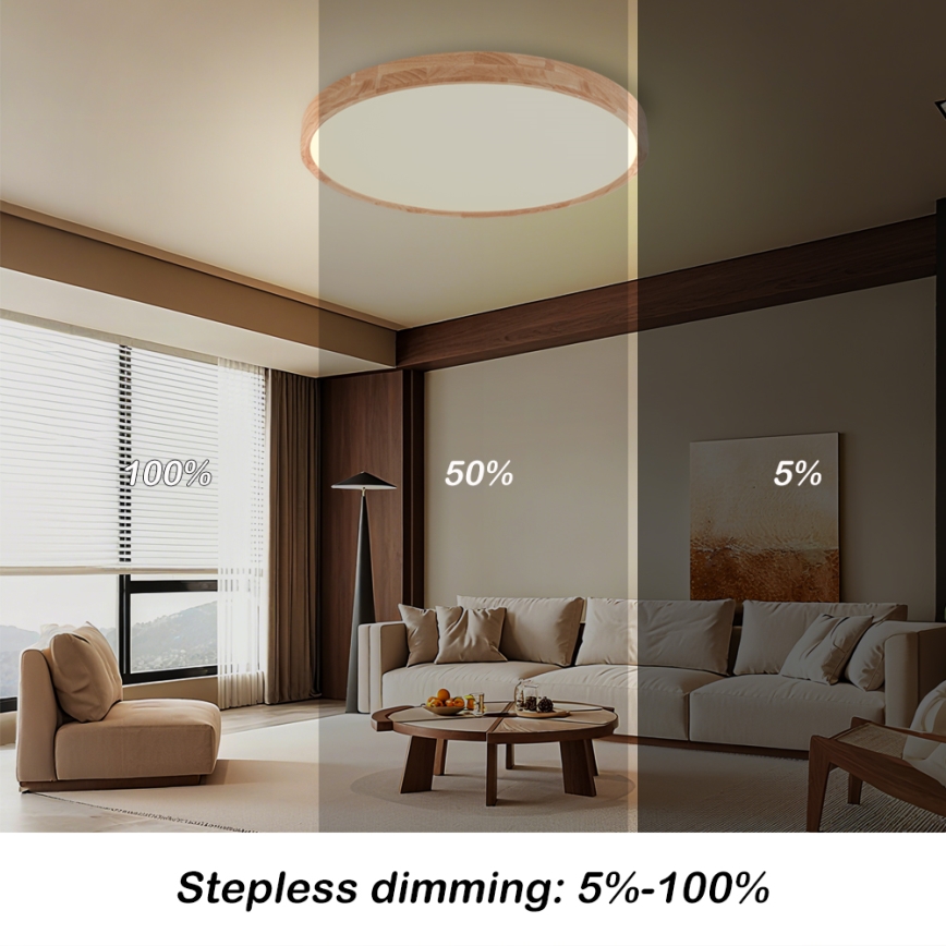 Brilagi - LED stmievateľné stropné svietidlo WOODROUND LED/40W/230V 3000-6000K, priemer 60 cm, drevo, CRI 90 + diaľkové ovládanie