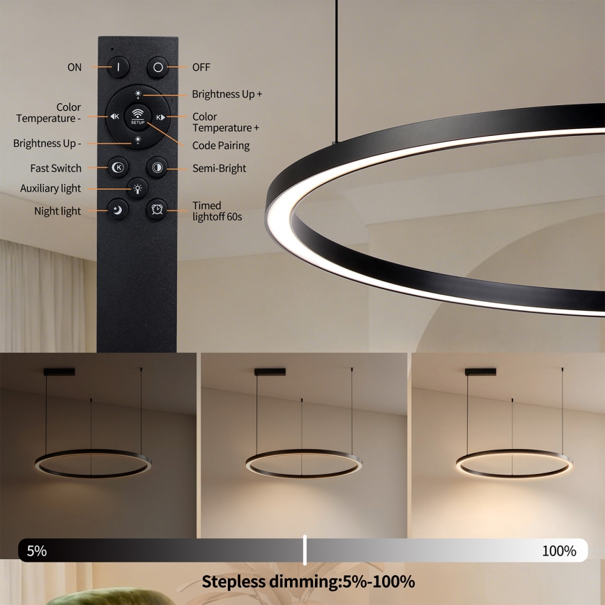 Brilagi - LED stmievateľný závesný luster PORTOFINO LED/60W/230V 3000-6000K priemer 80 cm čierny + diaľkové ovládanie