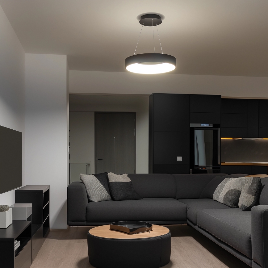 Svietidlo s kruhovým tienidlom visí zo stropu. Rohová sedačka s vankúšmi sa nachádza v tmavo zariadenej obývacej izbe. V pozadí je tmavá kuchyňa.