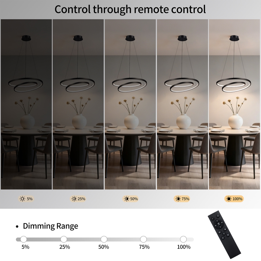 Brilagi - LED stmievateľný závesný luster na lanku TWISTER LED/48W/230V 3000-6000K Ø 50 cm čierny + diaľkové ovládanie