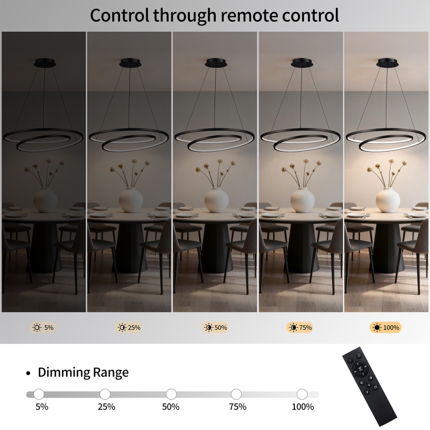 Brilagi - Stmievateľný LED luster na lanku TWISTER LED/105W/230V 3000-6000K pr. 100 cm čierna + diaľkové ovládanie