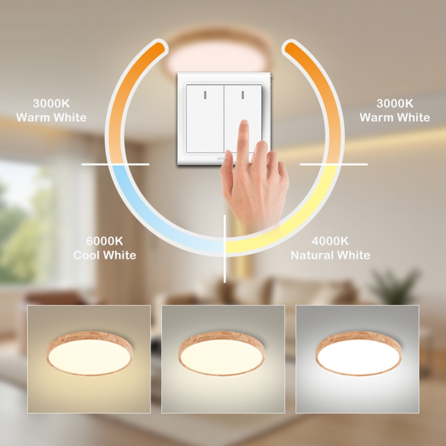 Brilagi - Drevené LED stropné svietidlo WOODROUND, 30 W, 230 V, 3000/4000/6000 K, Ø 40 cm, CRI 90