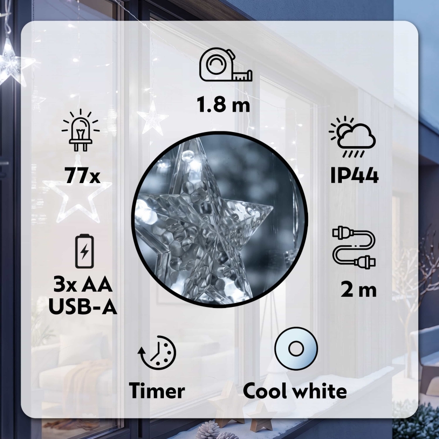 BRILAGI - LED Vianočný vonkajší záves 77xLED/3xAA/USB 1,8m IP44 studená biela