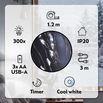 BRILAGI - LED Vianočný záves 300xLED/8 funkcí/3xAA/USB 1,2m studená biela