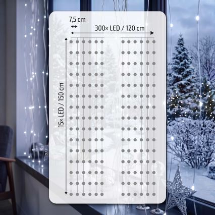 BRILAGI - LED Vianočný záves 300xLED/8 funkcí/3xAA/USB 1,2m studená biela