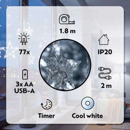 BRILAGI - LED Vianočný záves 77xLED/3xAA/USB 1,8m studená biela