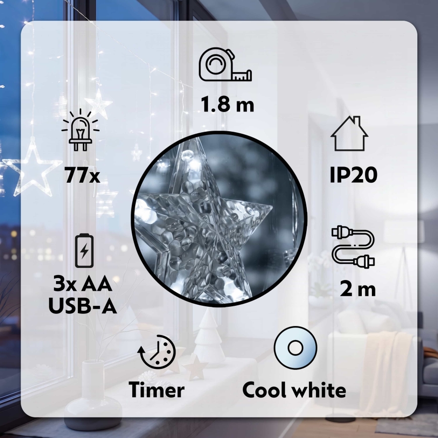 BRILAGI - LED Vianočný záves 77xLED/3xAA/USB 1,8m studená biela