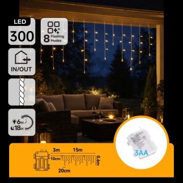 BRILAGI - LED vonkajšia vianočná reťaz 300xLED/3xAA/8 funkcií 18x0,6m IP44 teplá biela