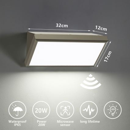 Brilagi - LED Vonkajšie nástenné svietidlo so senzorom TRIANGLE LED/20W/230V šedá IP65