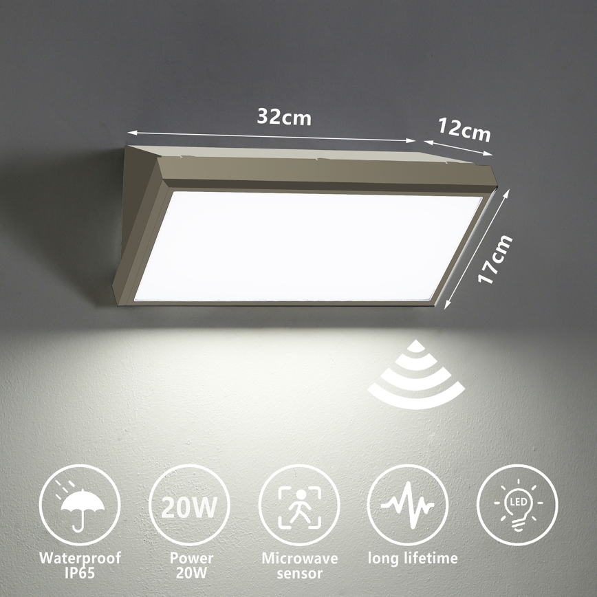 Brilagi - LED Vonkajšie nástenné svietidlo so senzorom TRIANGLE LED/20W/230V šedá IP65
