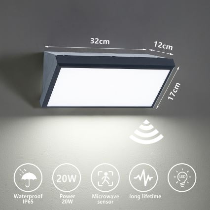 Brilagi - LED Vonkajšie nástenné svietidlo so senzorom TRIANGLE LED/20W/230V antracit IP65