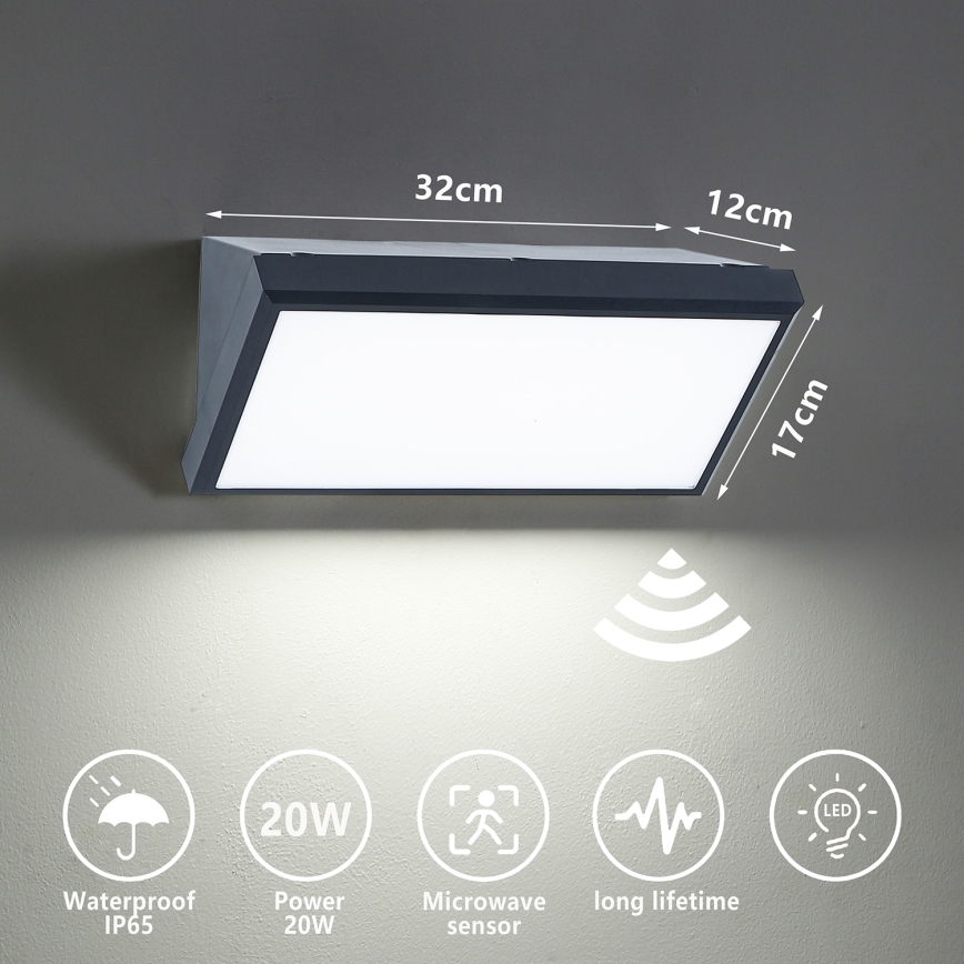 Brilagi - LED Vonkajšie nástenné svietidlo so senzorom TRIANGLE LED/20W/230V antracit IP65