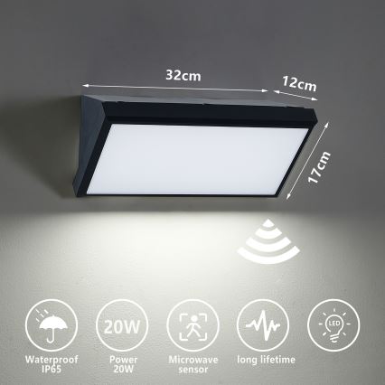 Brilagi - LED Vonkajšie nástenné svietidlo so senzorom TRIANGLE LED/20W/230V čierna IP65