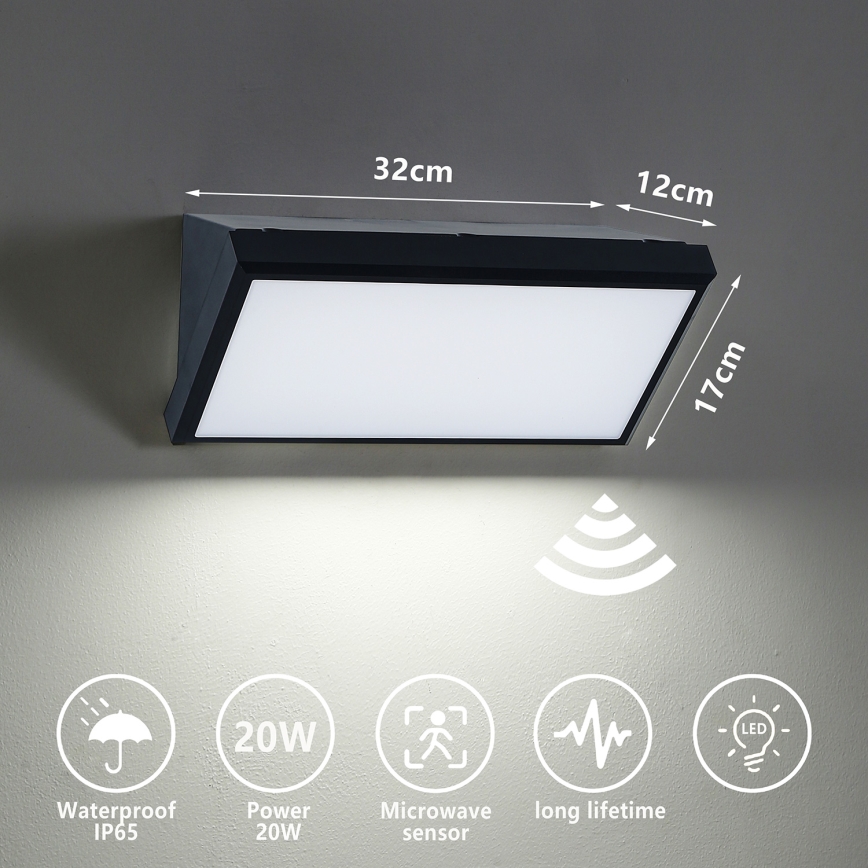 Brilagi - LED Vonkajšie nástenné svietidlo so senzorom TRIANGLE LED/20W/230V čierna IP65