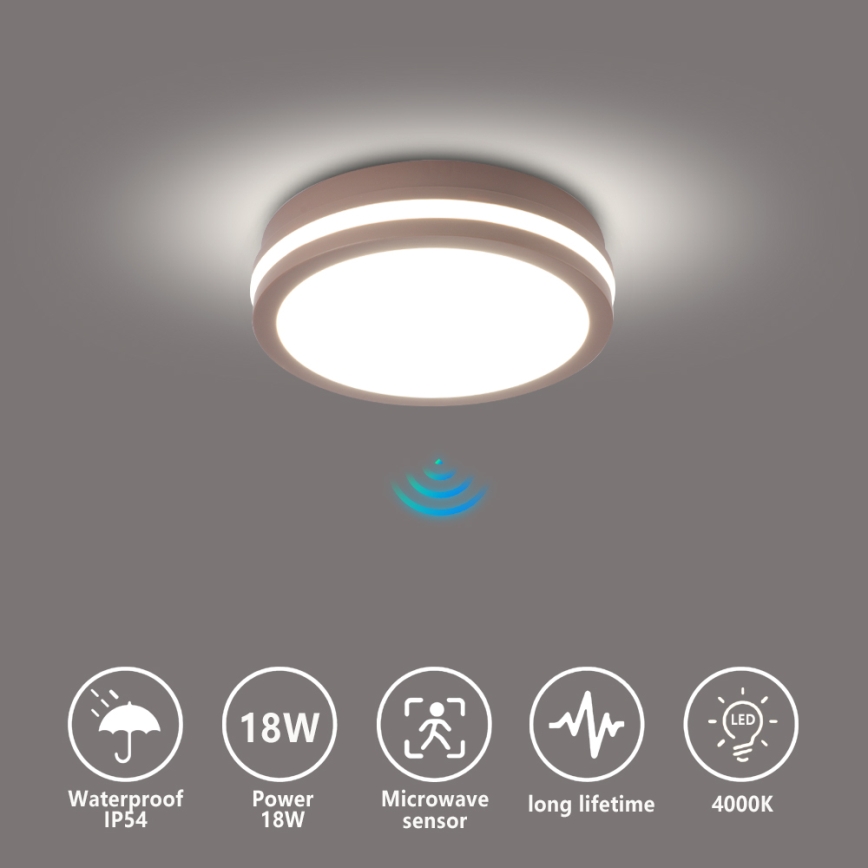 Brilagi - Vonkajšie LED stropné svietidlo BENE so senzorom LED/18W/230V, pr. 21,5 cm, hnedé, IP54
