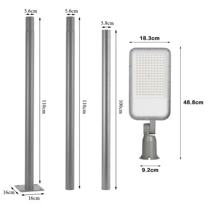 Brilagi - LED vonkajšia pouličná lampa so stĺpom a kĺbom 3 m URBANLIGHT LED/100W/230V sivá IP65
