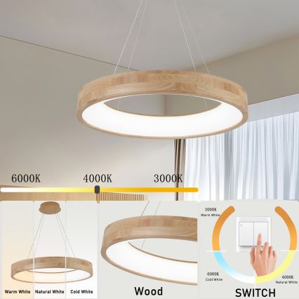 Brilagi - LED závesný luster na lanku FALCON WOOD LED/40W/230V 3000/4000/6000K, priemer 60 cm, drevo