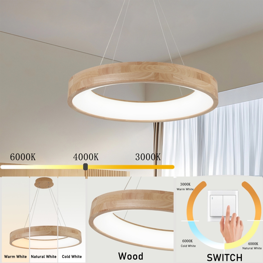 Brilagi - LED závesný luster na lanku FALCON WOOD LED/40W/230V 3000/4000/6000K, priemer 60 cm, drevo