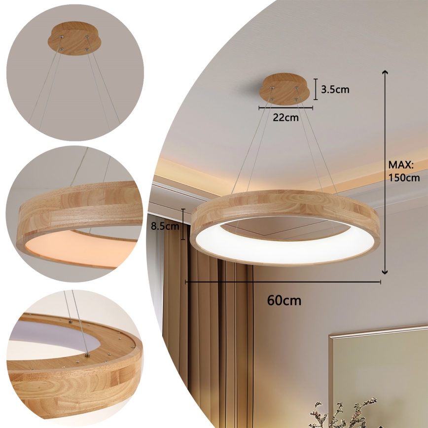 Brilagi - LED závesný luster na lanku FALCON WOOD LED/40W/230V 3000/4000/6000K, priemer 60 cm, drevo