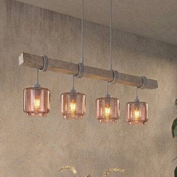 Brilagi - Luster na lanku WOOD GLASS 4xE27/60W/230V borovica/šedá/dymová béžová