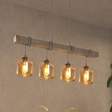 Brilagi - Luster na lanku WOOD GLASS 4xE27/60W/230V borovica/šedá/dymová hnedá