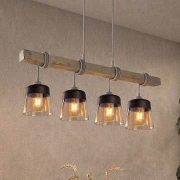 Brilagi - Luster na lanku WOOD GLASS 4xE27/60W/230V borovica/šedá/dymovo-hnedá