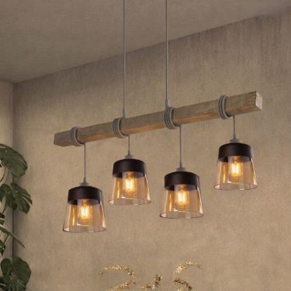 Brilagi - Luster na lanku WOOD GLASS 4xE27/60W/230V borovica/šedá/dymovo-hnedá