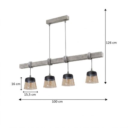Brilagi - Luster na lanku WOOD GLASS 4xE27/60W/230V borovica/šedá/dymovo-hnedá