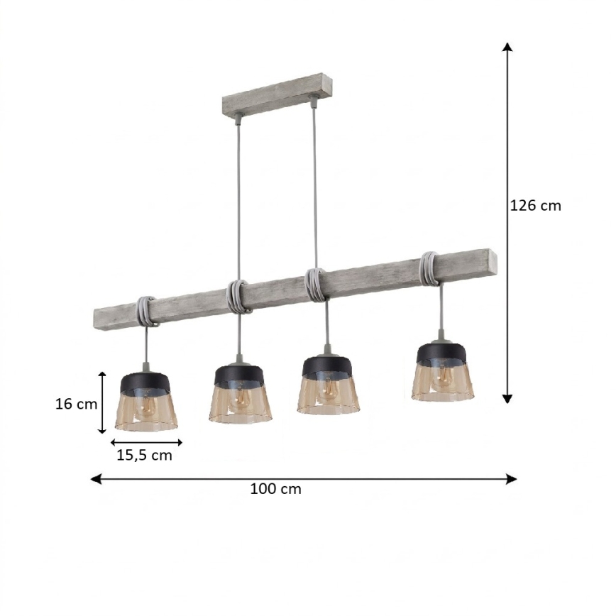 Brilagi - Luster na lanku WOOD GLASS 4xE27/60W/230V borovica/šedá/dymovo-hnedá