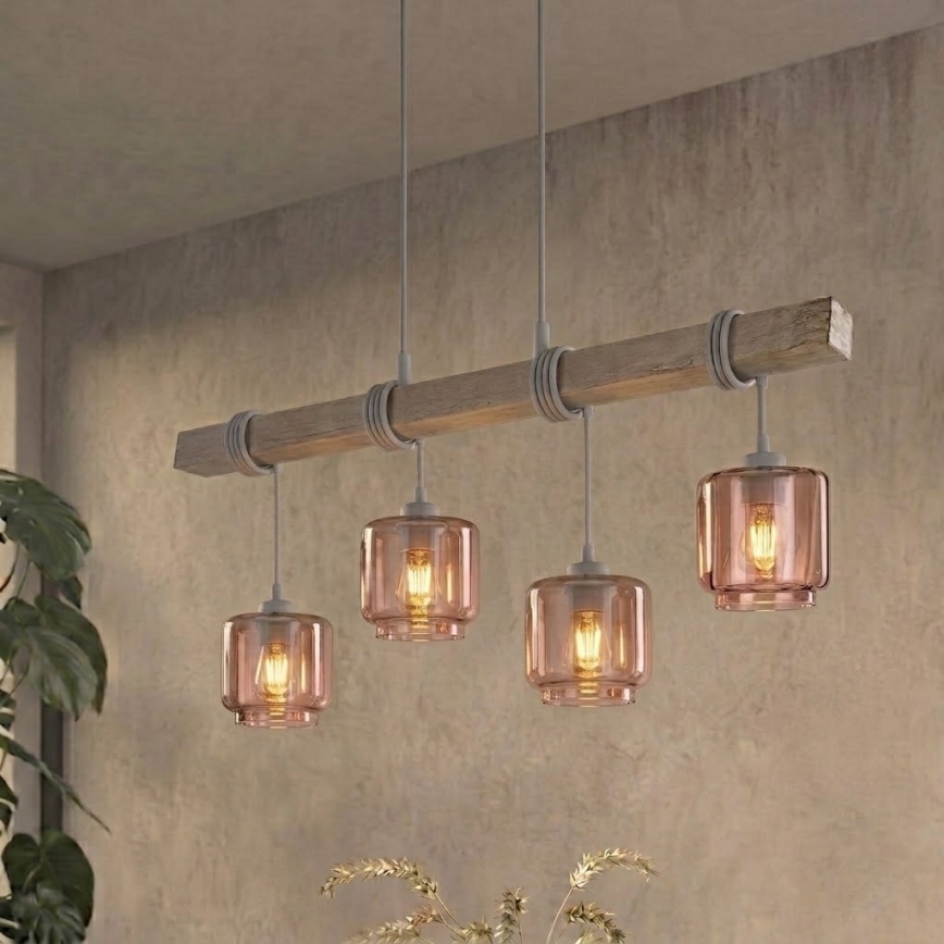 BRILAGI - Luster na lanku WOOD GLASS 4xE27/60W/230V borovica/šedá/dymová béžová