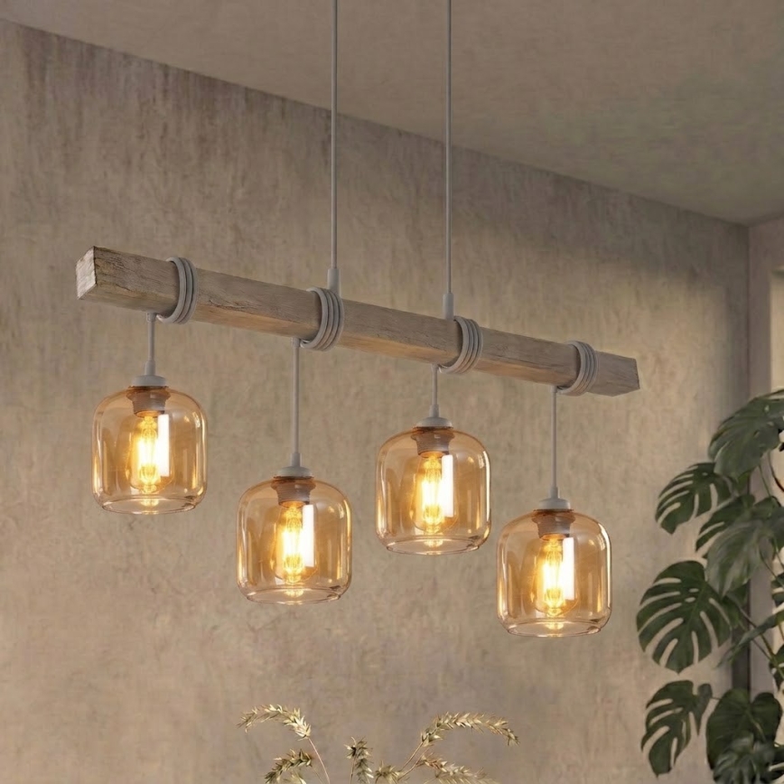 Brilagi - Luster na lanku WOOD GLASS 4xE27/60W/230V borovica/šedá/dymová hnedá