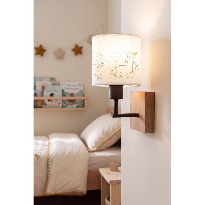 Brilagi - Detská nástenná lampa BOBO WOOD 1xE27/25W/230V dub/čierna/biela/jednorožce