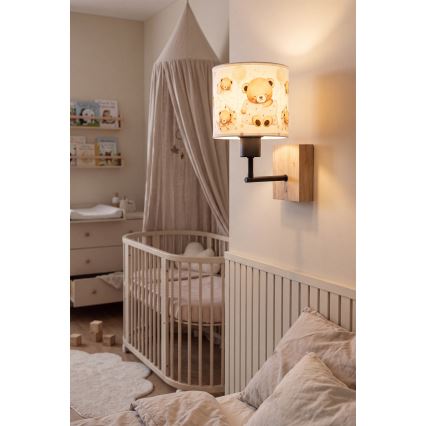 Brilagi - Detská nástenná lampa BOBO WOOD 1xE27/25W/230V dub/čierna/biela/medvedíky