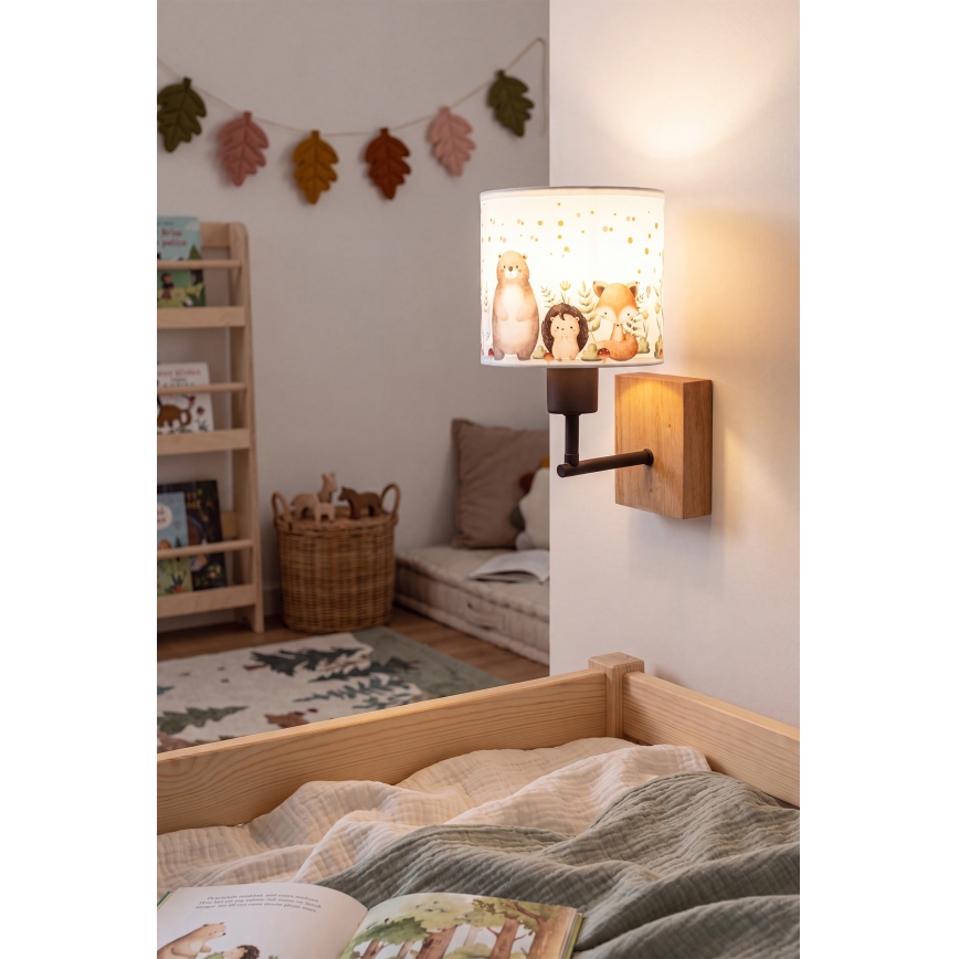 Brilagi - Detská nástenná lampa BOBO WOOD 1xE27/25W/230V dub/čierna/biela/zvieratká