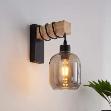 Brilagi - Nástenné svietidlo WOOD GLASS 1xE27/60W/230V borovica/čierna/dymová sivá